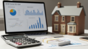 Mortgage review desk with lending charts and house model