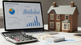 Mortgage review desk with lending charts and house model