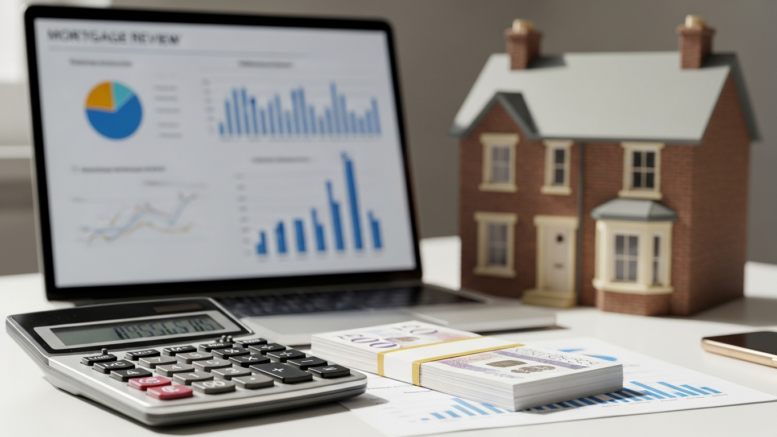 Mortgage review desk with lending charts and house model