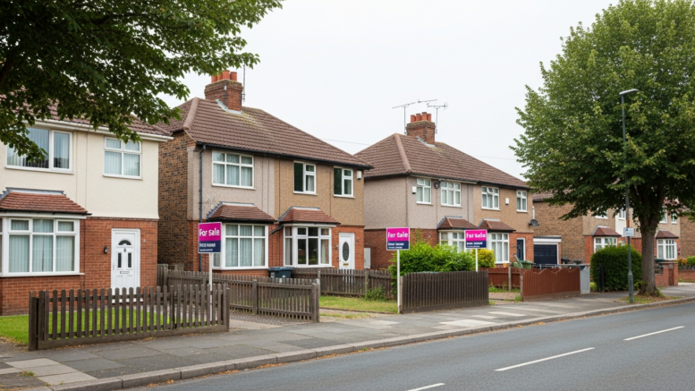 British street with several For Sale boards