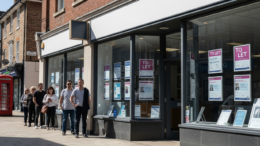 UK letting agency window with rental applicants outside