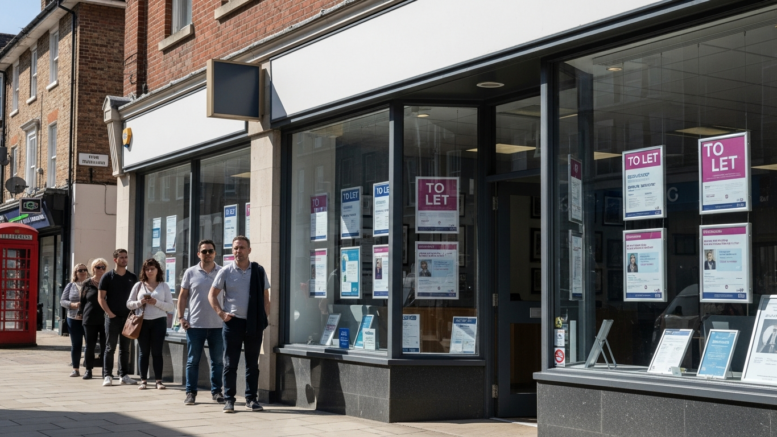 UK letting agency window with rental applicants outside