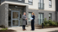 Scottish housing officer outside a modern apartment block