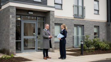 Scottish housing officer outside a modern apartment block