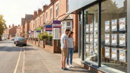 UK estate agency window and For Sale boards in summer