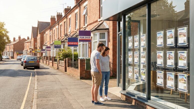 UK estate agency window and For Sale boards in summer