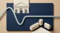 Editorial housing valuation graphic beside London bank facade