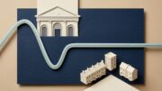 Editorial housing valuation graphic beside London bank facade
