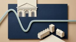 Editorial housing valuation graphic beside London bank facade