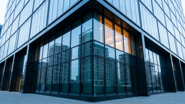 Contemporary financial district reflected beside rental homes