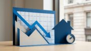 Falling mortgage approval chart beside a UK house silhouette