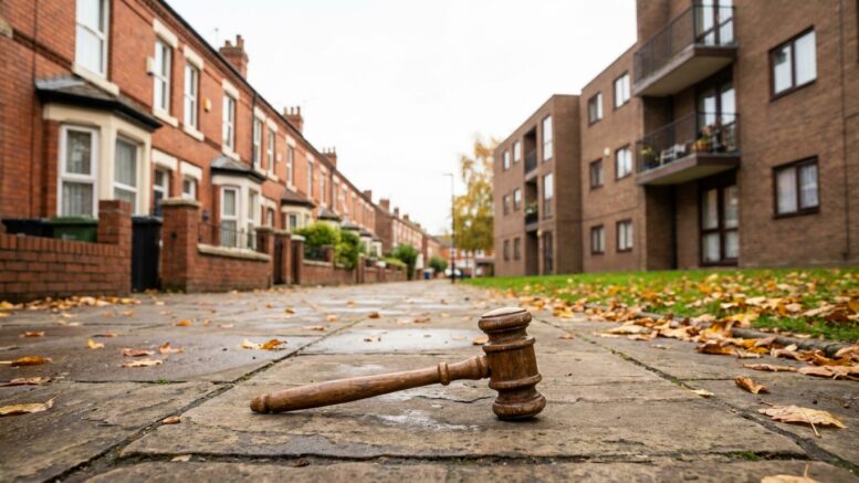 Auction gavel beside British rental homes