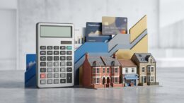 Calculator beside model mixed-use properties and abstract loan cards
