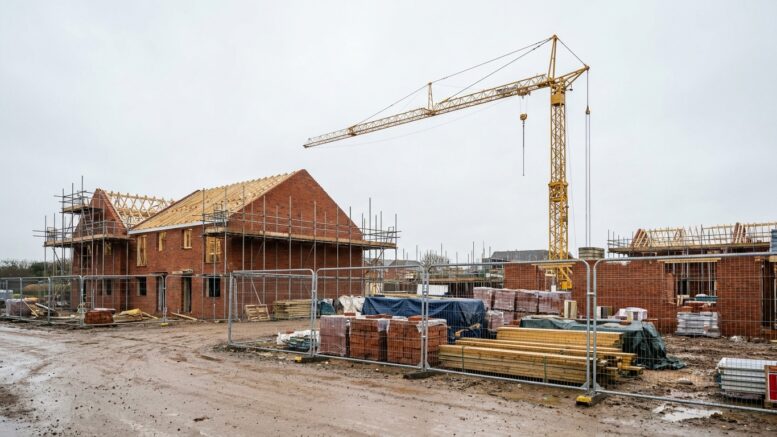 Paused UK housing site with partly built brick homes
