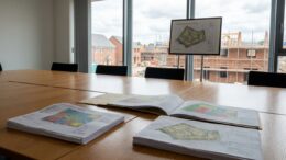 Council planning meeting table with new-build homes beyond