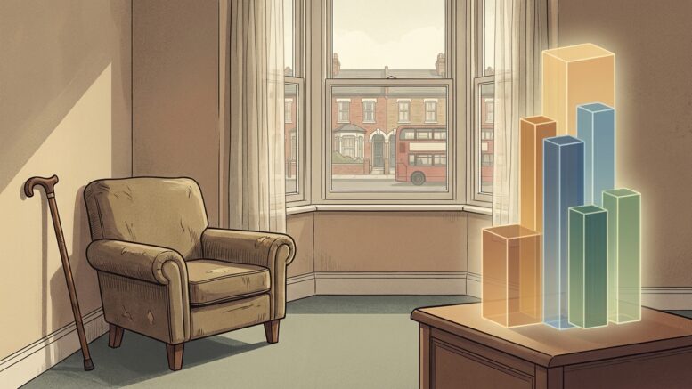 UK rental flat with walking stick and affordability blocks