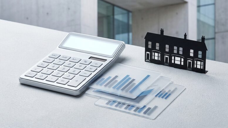 Calculator and abstract rate cards beside a UK rental house