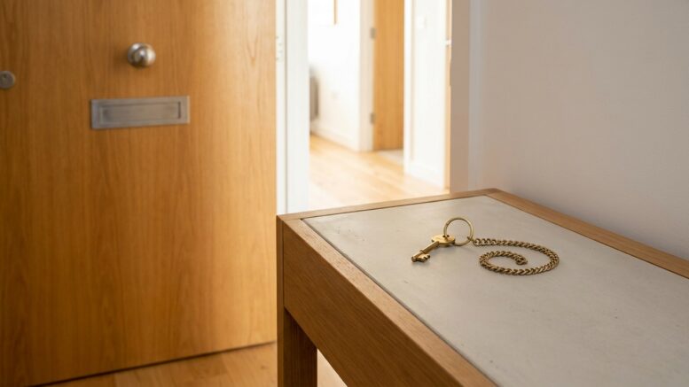 Brass keys at a UK rental flat entrance