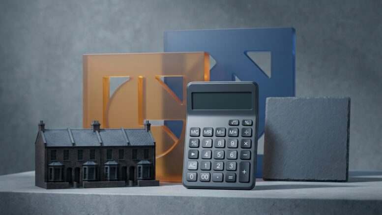 Calculator beside UK rental homes and abstract tax markers