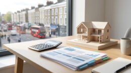 Calculator and blurred mortgage papers beside house model