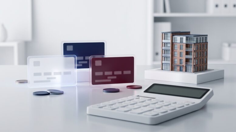 Calculator and mortgage product cards beside rental homes