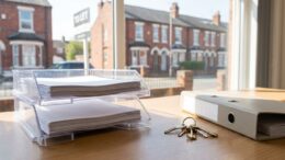 UK lettings paperwork trays with keys on a desk