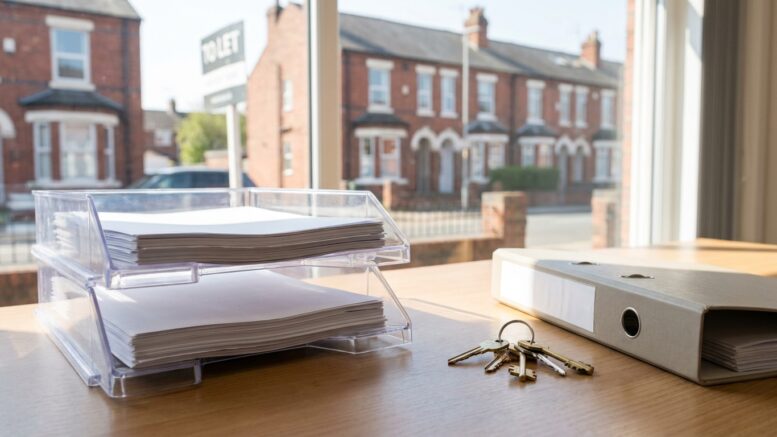 UK lettings paperwork trays with keys on a desk