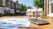 Calculator with tax papers and UK terraced house model