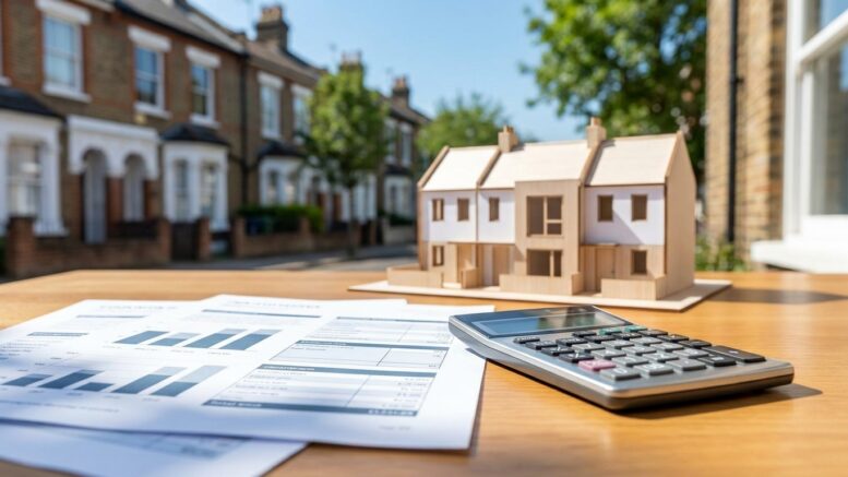 Calculator with tax papers and UK terraced house model