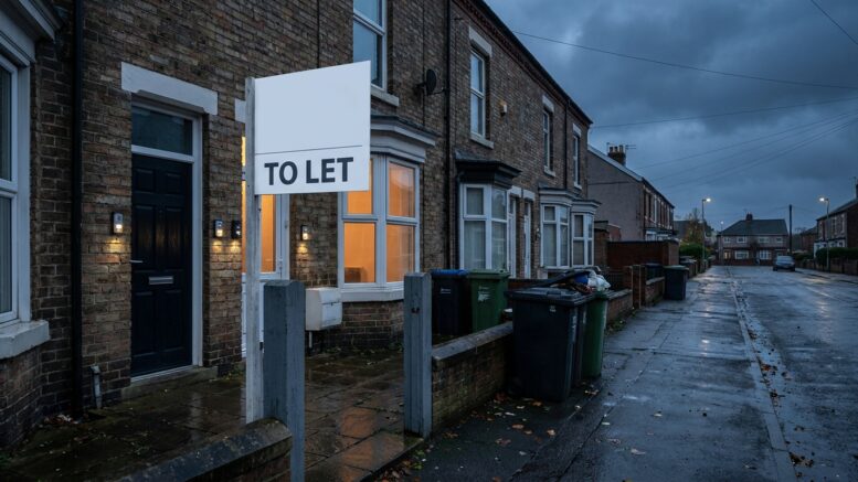 Terraced HMO at dusk with glowing windows and To Let board