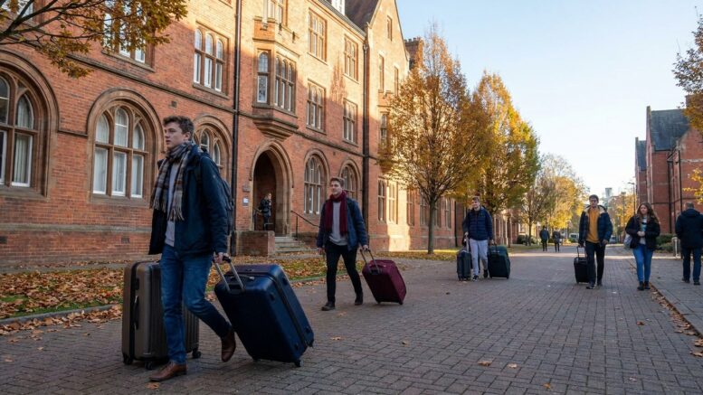 Students with luggage outside UK university accommodation