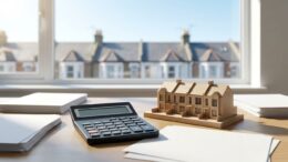 Calculator beside blurred mortgage papers and small house model