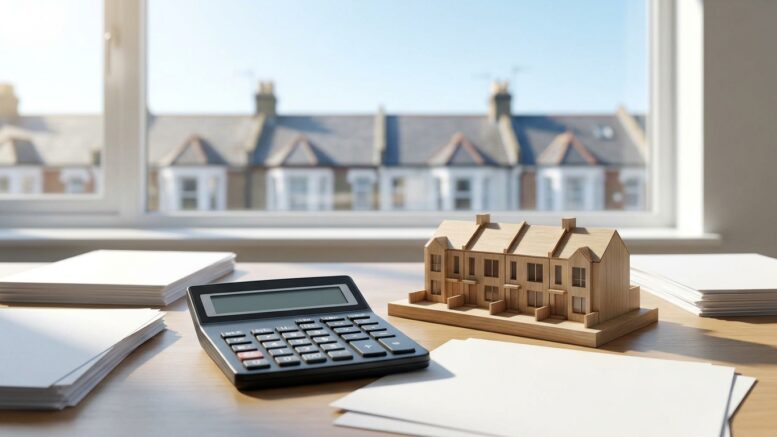 Calculator beside blurred mortgage papers and small house model