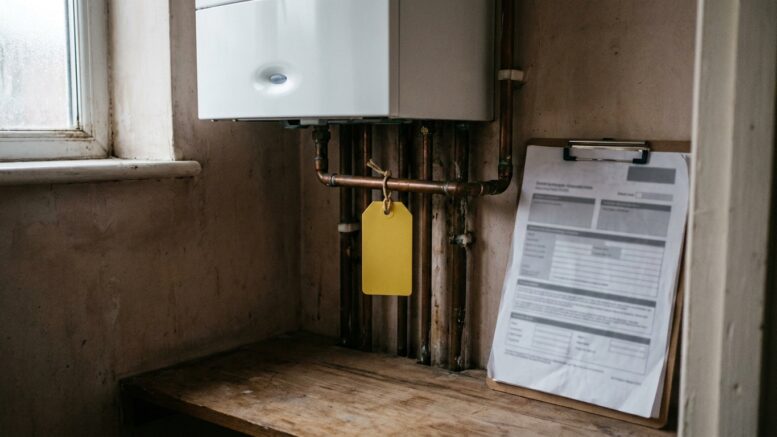 Gas boiler with blank safety inspection tag in UK rental home