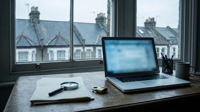 Laptop and magnifying glass in letting agent fraud check