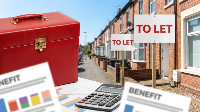 Red Budget box beside UK terraced rental street