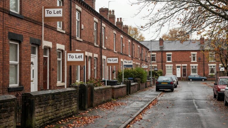 UK terraced street with To Let boards as rents fall