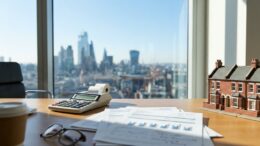 Calculator with Budget tax papers and UK terrace house model