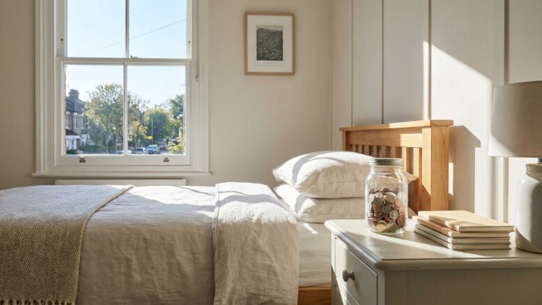 Neat UK spare bedroom with coin jar for lodgers